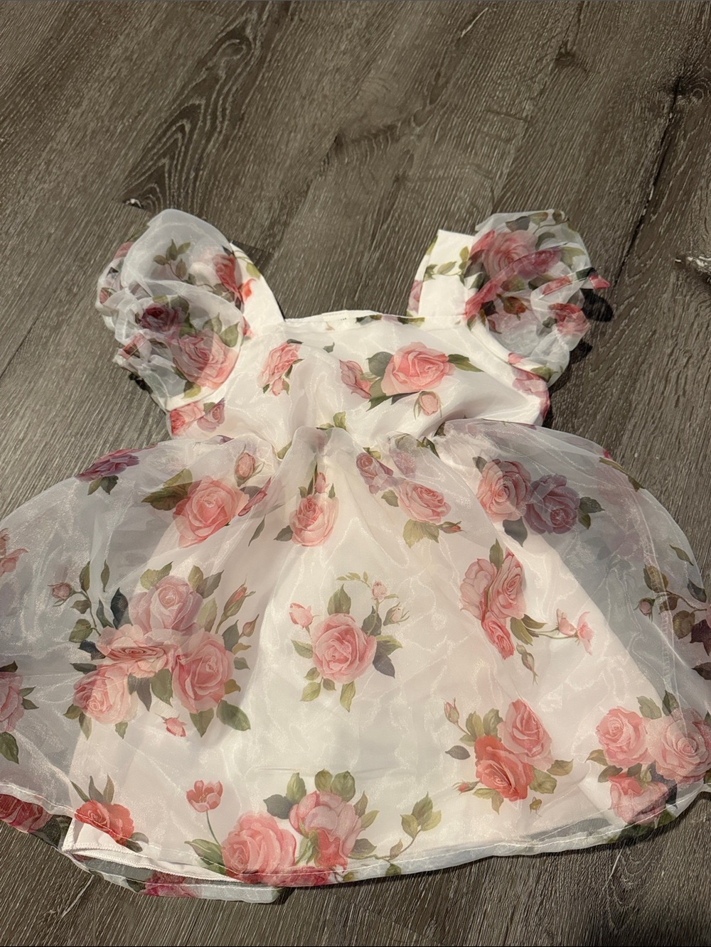 SHEIN White Floral Organza Dress with Pink Roses